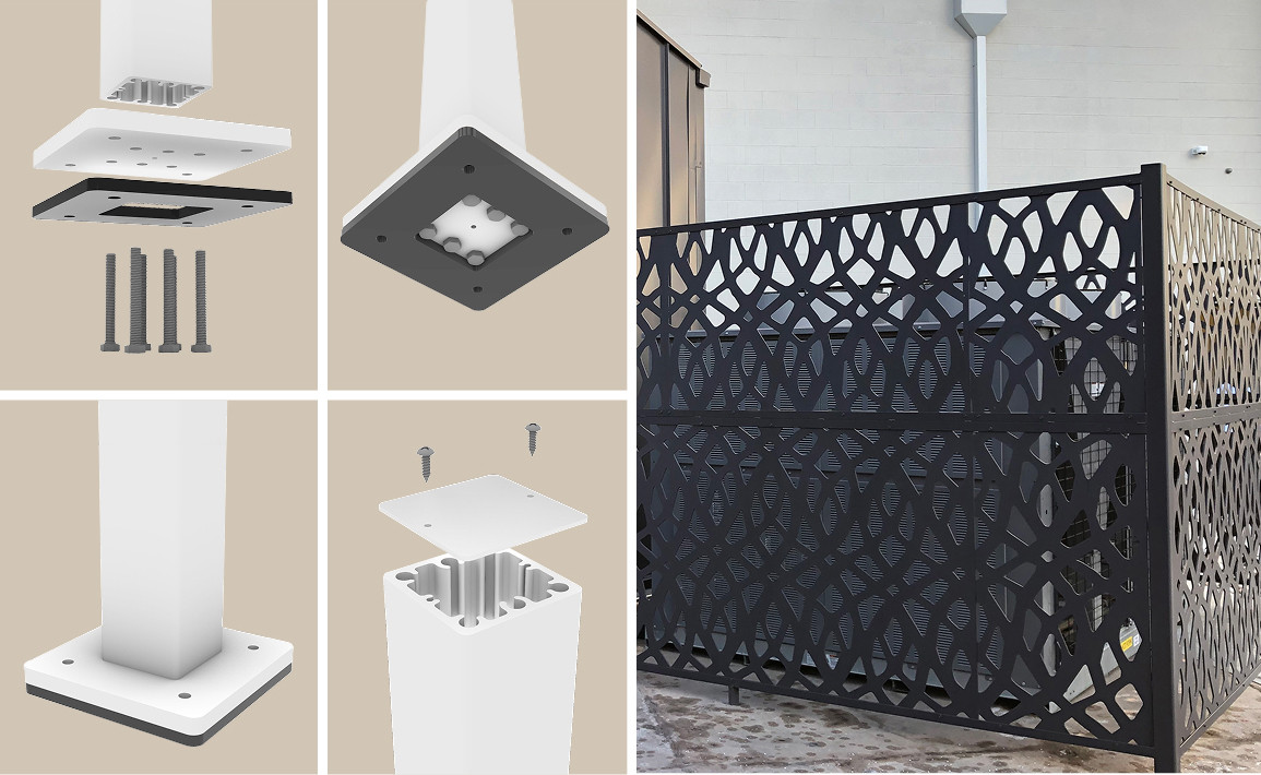 Extruded aluminum post with mechanically fastened base plates